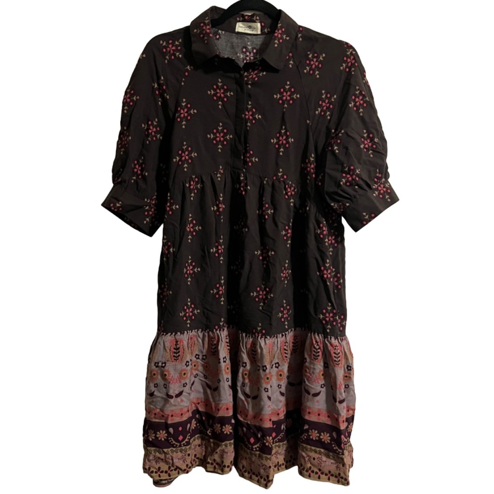 NATURAL LIFE Black and Pink Boho Tiered Shirt Dress